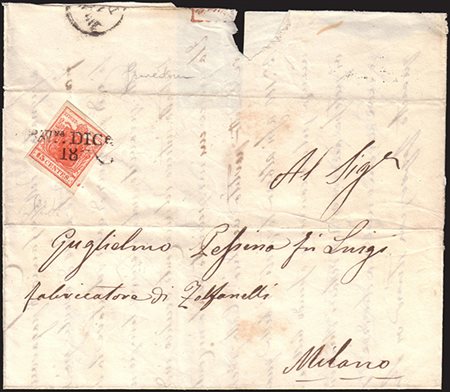 [LOMBARDO-VENETO] 1850 (18 dic.) Lettera affrancata con 15c. rosso tipo I con...