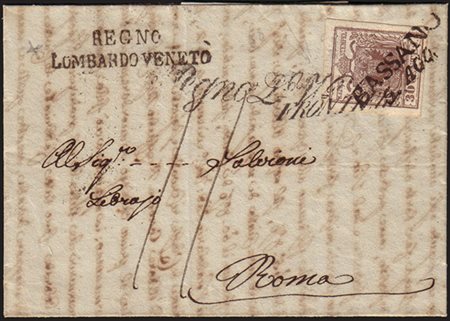 [LOMBARDO-VENETO] 1852 (5 ago.) Lettera da Bassano per Roma, affrancata con...