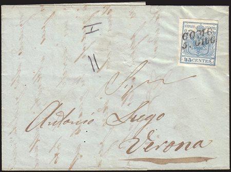 [LOMBARDO-VENETO] 1850 (5 giu.) Lettera affrancata con 45c. azzurro tipo I,...