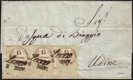 [LOMBARDO-VENETO] 185? (6 nov.) Lettera da Lecco per Udine, affrancata con 3...