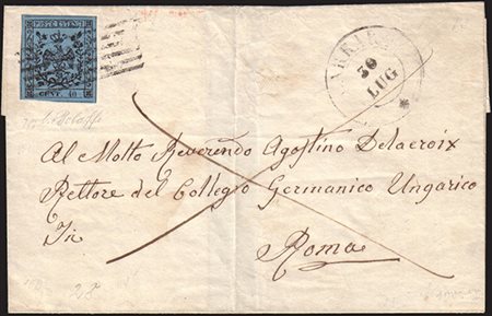 [MODENA] 1853 (30 lug.) Lettera senza testo da Carrara a Roma, affrancata con...