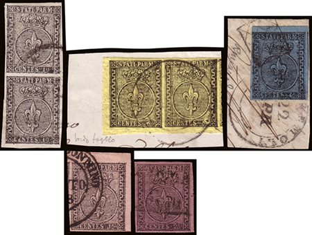 [PARMA] 1852 I emissione, serie completa dei 5 valori. 5 e 10c. in coppia....