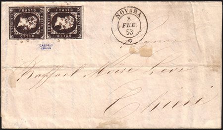 [SARDEGNA] 1853 (8 feb.) I emissione, lettera spedita da Novara a Chieri, con...