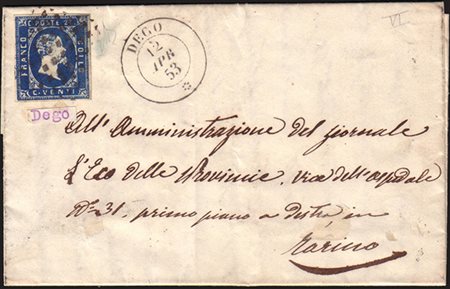 [SARDEGNA] 1853 (12 apr.) I emissione. Lettera spedita da Dego (Savona) per...