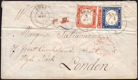 [SARDEGNA] 1858 (3 mag.) IV emissione. Lettera spedita da Sori per Londra...