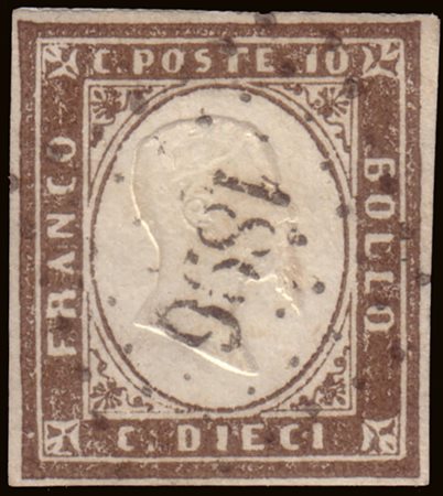 [SARDEGNA - NAVIGAZIONE] 1858 10c. terra d'ombra chiaro, annullato con il...