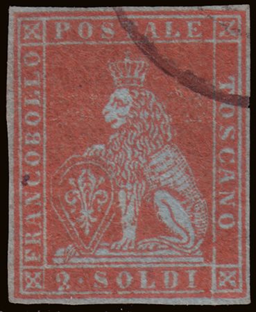 [TOSCANA] 1851 I emissione. 2s. scarlatto chiaro su azzurro. Firma Em. Diena,...