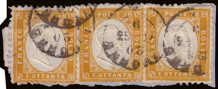 [REGNO D'ITALIA] 1862 80c. giallo arancio, frammento di lettera con 3...