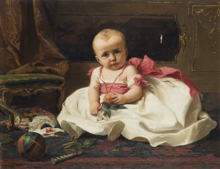 Pietro Morgari (Torino 1852 - Londra 1885) "Bimba tra i giochi" 1874 olio su...