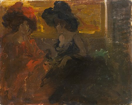 Pompeo Mariani (Monza 1857 - Bordighera 1927) "Donne in rosso e nero" olio su...