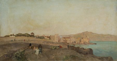 Edoardo Dalbono (Napoli 1841 - 1915) "Paesaggio costiero con figure" olio su...