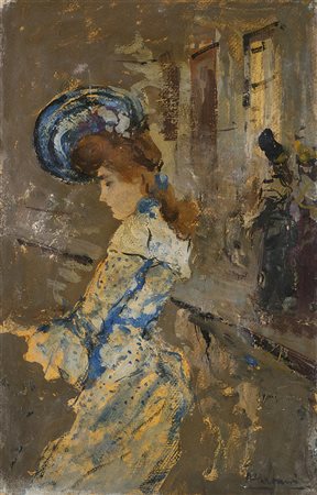 Pompeo Mariani (Monza 1857 - Bordighera 1927) "Donna con cappello blu" olio...