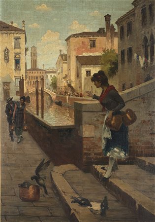 Maestro Veneto del XIX Secolo "Calle a Venezia con figure" olio su tela (cm...