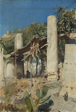 Vincenzo Caprile (Napoli 1856 - 1936) "Al riparo dal sole" olio su tela (cm...