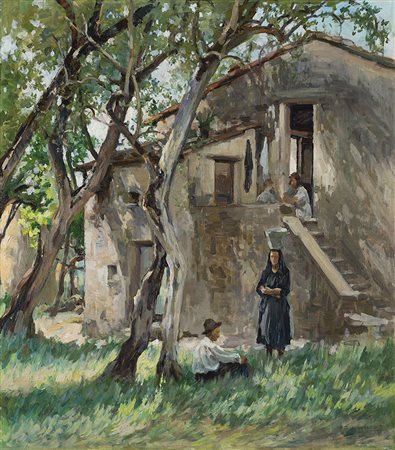 Antonio Discovolo (Bologna 1874 - Bonassola 1956) "Scorcio con cascina e...