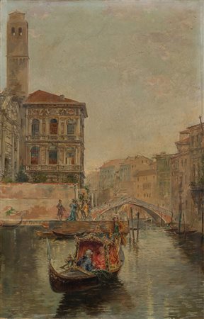 Carlo Corradini "Canale veneziano con gondola" olio su tela (cm 40x26)...