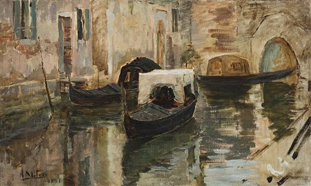 Alessandro Milesi (Venezia 1856 - 1945) "Gondole in riposo" 1881 olio su tela...