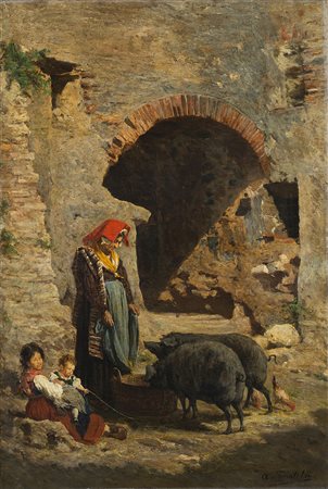 Aurelio Tiratelli (Roma 1842 - 1900) "La guardiana" olio su tela (cm 50.5x34)...