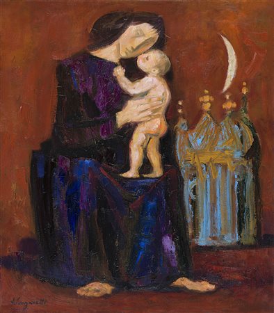 Trento Longaretti (Treviglio 1916) "Madre in nero e blu" 1986 olio su tela...