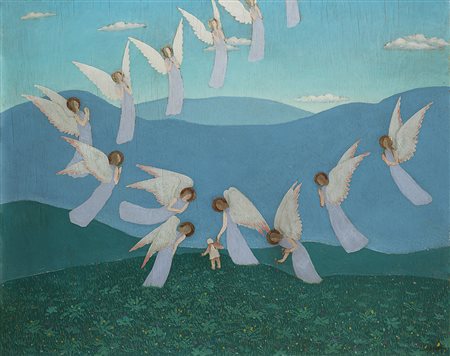 Alberto Salietti (Ravenna 1892 - Chiavari 1961) "Angeli in volo" olio su...