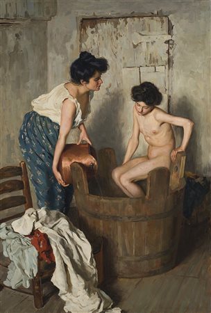 Firma indecifrata "La toilette" 1906 olio su tela (cm 140x95) Firmato, datato...