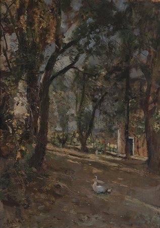 Emilio Gola (Milano 1851 - 1923) "Scorcio con alberi" olio su cartone (cm...