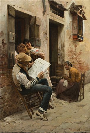 Giuseppe Barison (Trieste 1853 - 1931) "Cronaca allegra" olio su tela (cm...