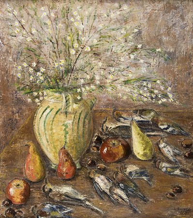 ENRICO BORDONI, Natura morta con uccelli e frutta, Olio su tela, 70 x 62,5...