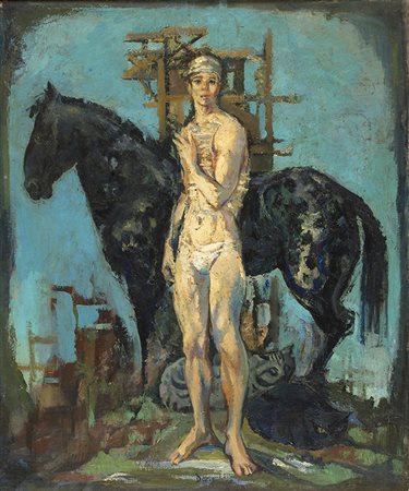 DARIO CECCHI, Uomo con cavallo (Studio per scenografia), Olio su tela, 102 x...