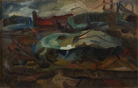 GIOVANNI OMICCIOLI , Bombardamento a Roma, 1943, Olio su tela, 24 x 38 cm,...