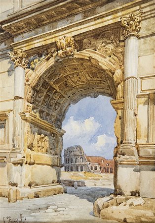 GAETANO FACCIOLA, Veduta con Arco di Tito e Colosseo, Acquerello su carta,...