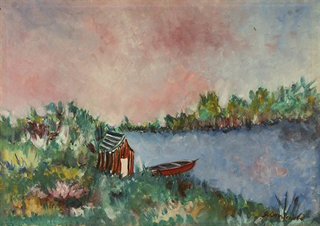 GIOVANNI OMICCIOLI, Paesaggio con barca, 1961, Olio su tela, 50 x 70 cm,...