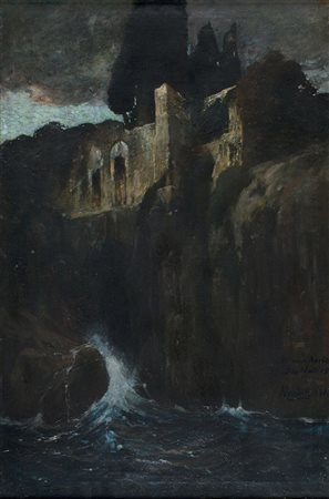 OSCAR MENDLIK, Rovine sul mare, 1901, Olio su tela, 114,5 x 75 cm, Firma,...