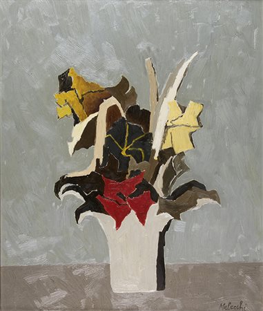 PIETRO MELECCHI, Vaso con fiori, 1955, Olio su tavola, 60 x 50 cm, Firma in...