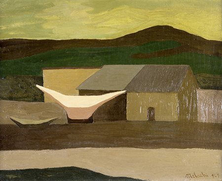 PIETRO MELECCHI, Paesaggio con casa, 1947, Olio su tavola, 38 x 48 cm circa,...