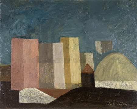 PIETRO MELECCHI, Torri e cupole, 1948, Olio su tavoletta, 47 x 58 cm, Firma e...