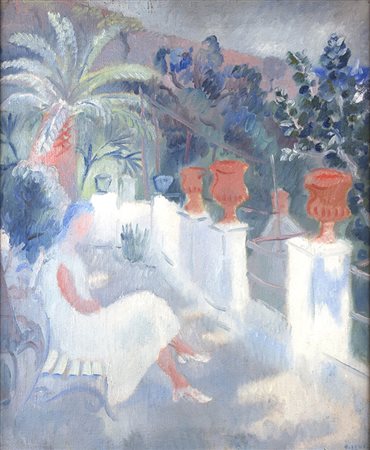 CARLO LEVI, Terrazza sul giardino, 1929, Olio su tela, 60,5 x 50 cm, Firma e...