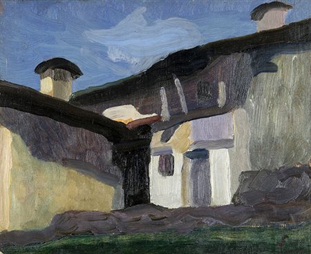 EMILIO SOBRERO, Paesi di montagna, 1918, Olio su tavola, 18 x 22,5 cm,...