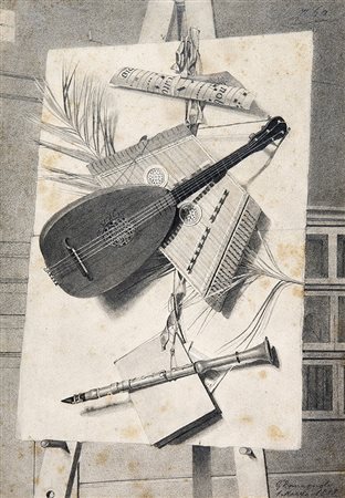 GIUSEPPE ROMAGNOLI, Natura morta con strumenti musicali, 1888, Matita su...