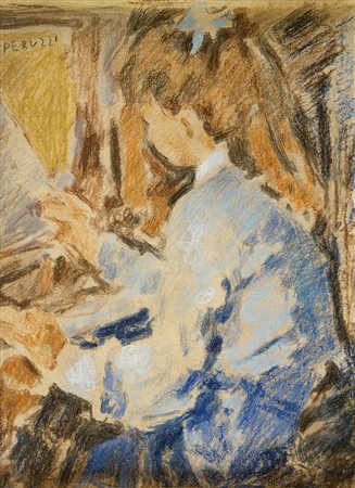 CESARE PERUZZI, Fanciulla al piano, Pastelli colorati su cartone, 28 x 18 cm,...