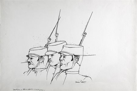 BRUNO CARUSO, Soldati, 1970, China su carta, 38,5 x 56,5 cm, Firma in basso...