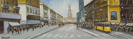 FRANCESCO GRASSI (1940) Tram in Via Orefici Olio su tela cm 30x100 Firma al...