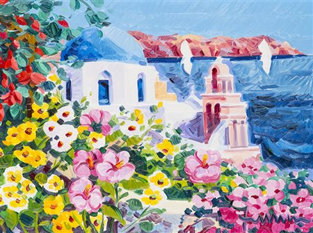 ATHOS FACCINCANI (1951) La cupola blu tra i fiori Olio su tela cm 30x40 Firma...