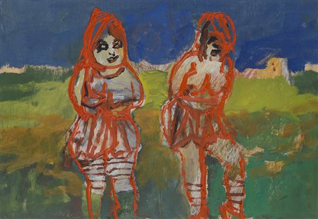 MINO MACCARI (1898-1989) Figure in rosso, 1970 Olio su compensato cm 35x50...