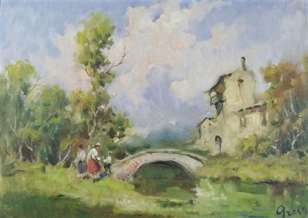 Gress "Paesaggio con ponte" cm. 50x70 - olio su tela Firmato b. a d.