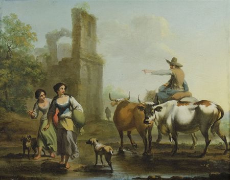 Maestro del XVIII secolo "Figure nel paesaggio" cm. 23x31 - olio su tavola