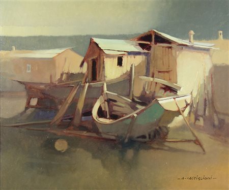 Attilio Castiglioni 1922 "Capanni di pescatori" cm. 50x60 - olio su tela...