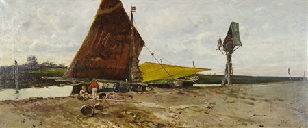 Giuseppe Garzolini Trieste 1850-1938 "Giovani pescatori a Chioggia" cm. 41x96...