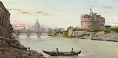 Maestro del XIX secolo "Imbrunire su Castel Sant'Angelo" cm. 20x40 - olio su...