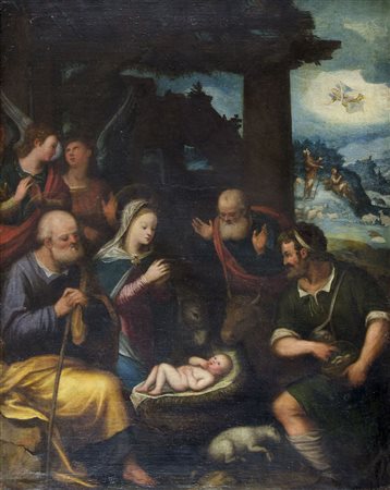 Maestro emiliano del XVI secolo "Natività" cm. 110x87 - olio su tela foderata